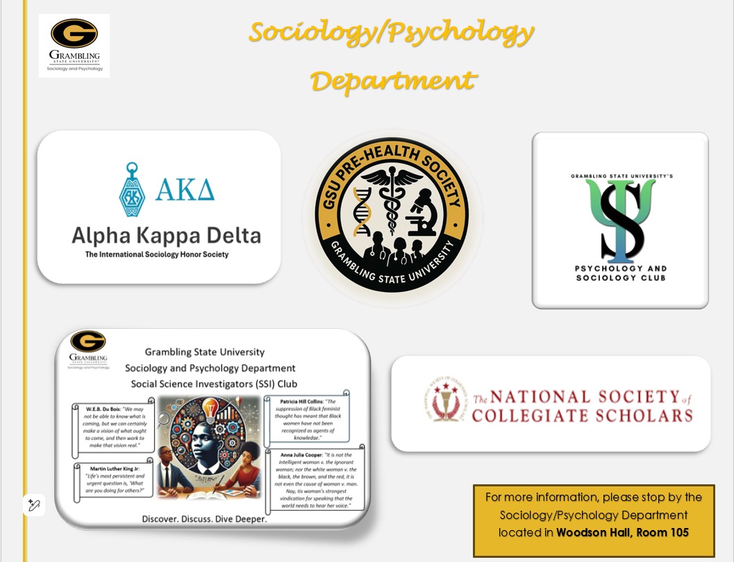 Grambling State University Sociology/Psychology Clubs Logos - Alpha Kappa Delta, GSU Pre-Health Society, Psychology and Sociology Club, Social Science Investigators (SSI) Club, National Society of Collegiate Scholars