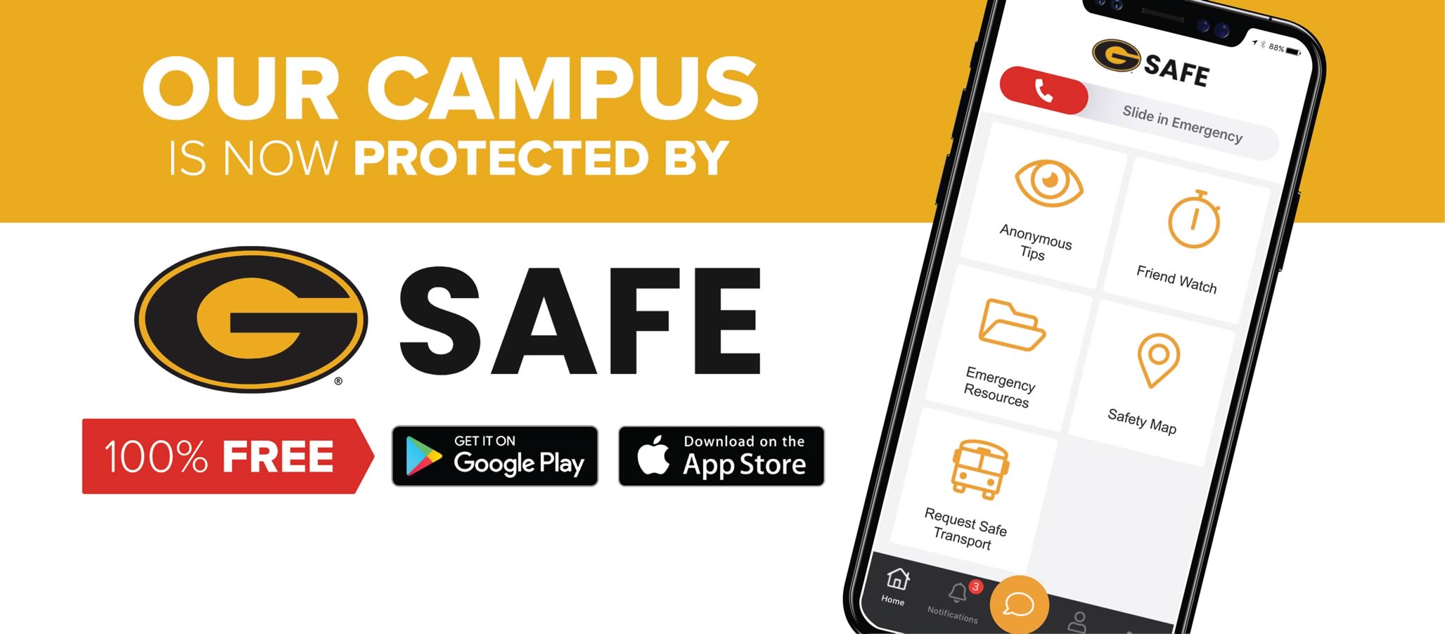 Stay Protected & Connected - Anonymously report safety concerns while attaching photos/videos, Contact campus safety forces quickly and directly in emergency situations - available free in your preferred app store.