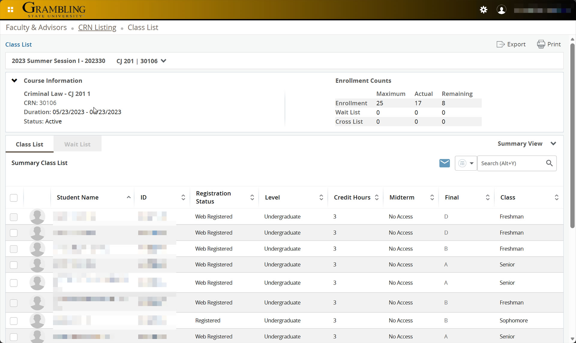 Faculty: Class Roster Screenshot