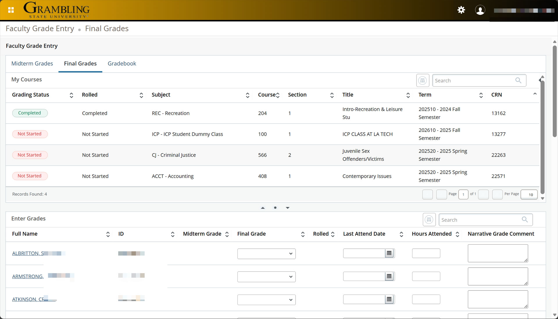 Faculty: Grade Entry Screenshot