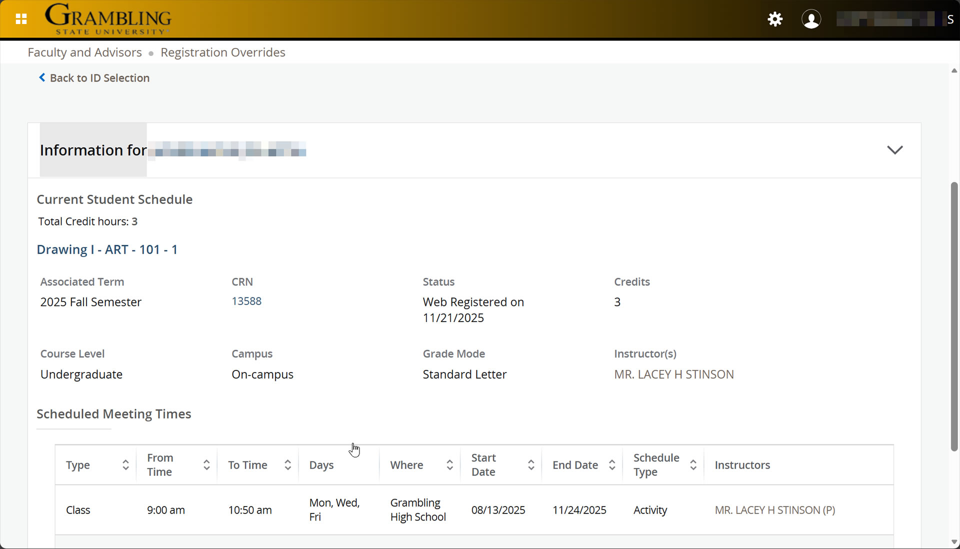 Faculty: Registration Override Screenshot