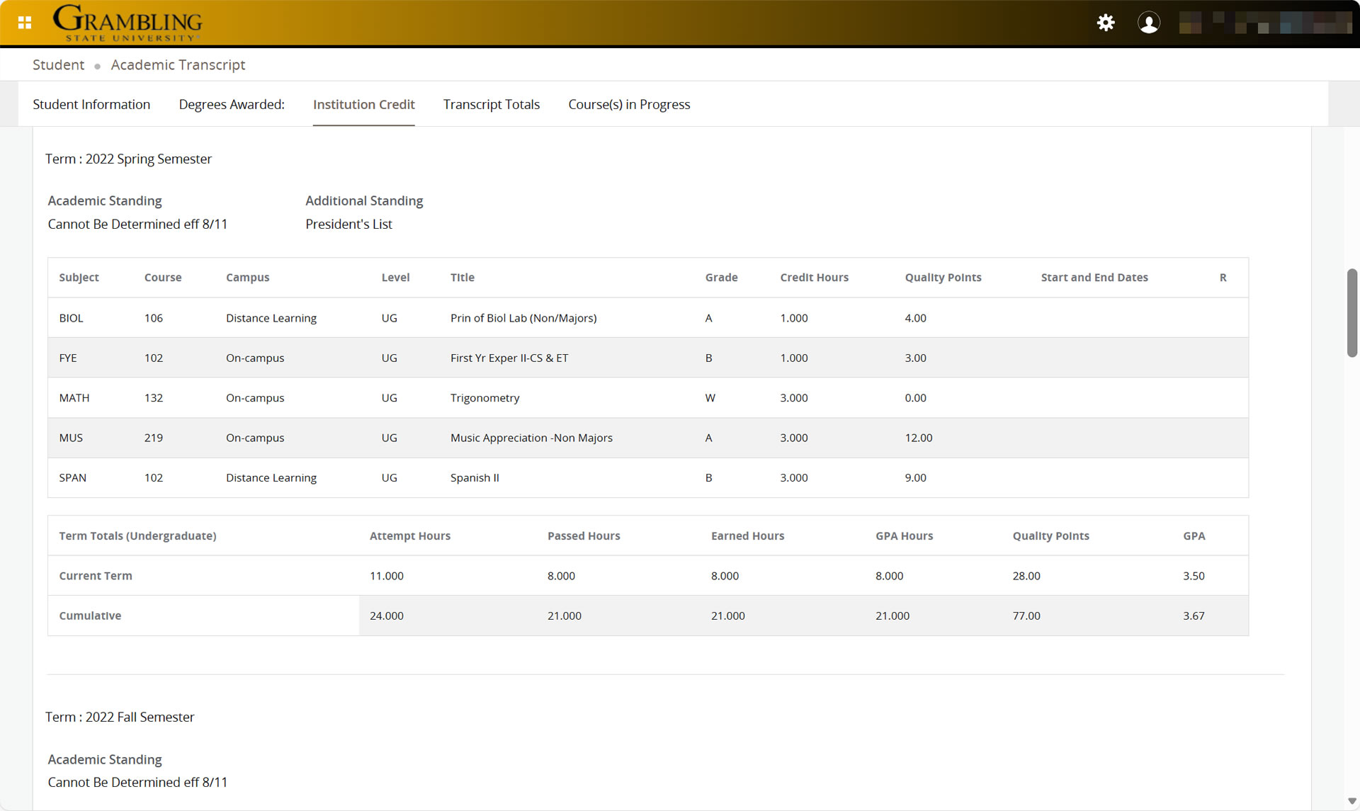 Student: Transcript Screenshot