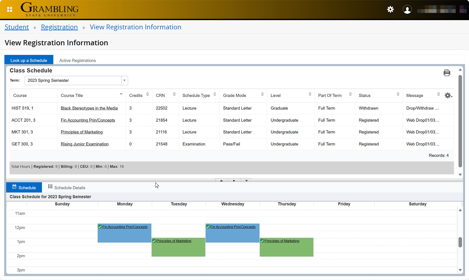 Student: Accessing Course Schedule/Detail Schedule Screenshot